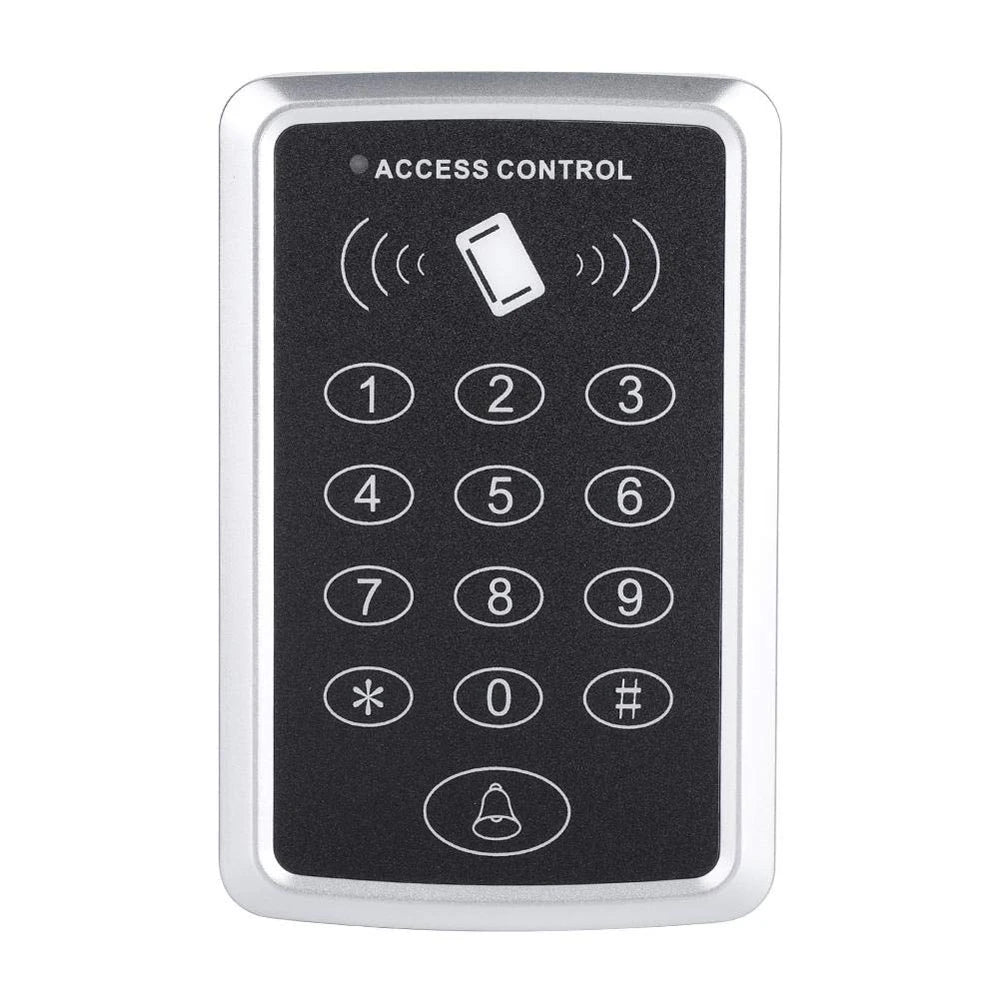 Silver and black RFID access control keypad with a numeric touchpad and integrated doorbell button.
