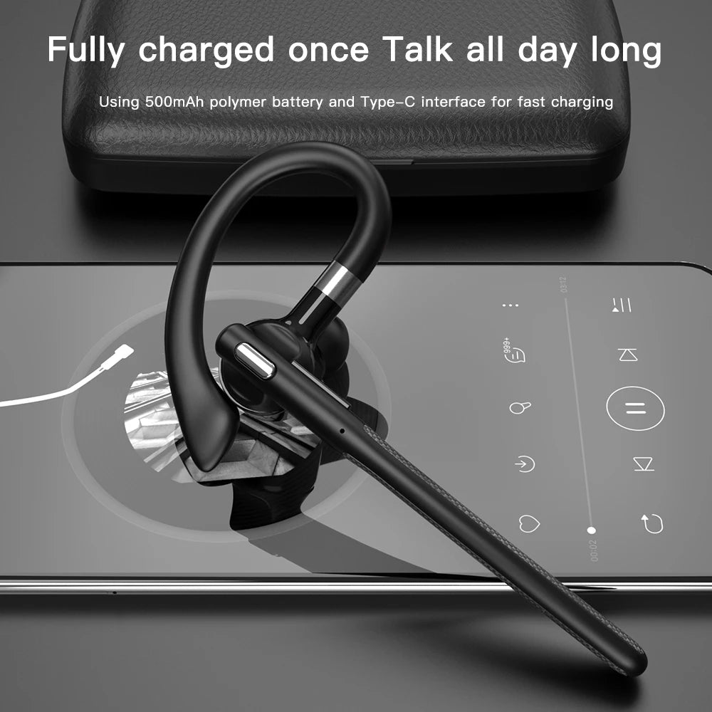 Sleek black wireless Bluetooth earpiece with ear hook, built-in microphone, and a protective charging case.