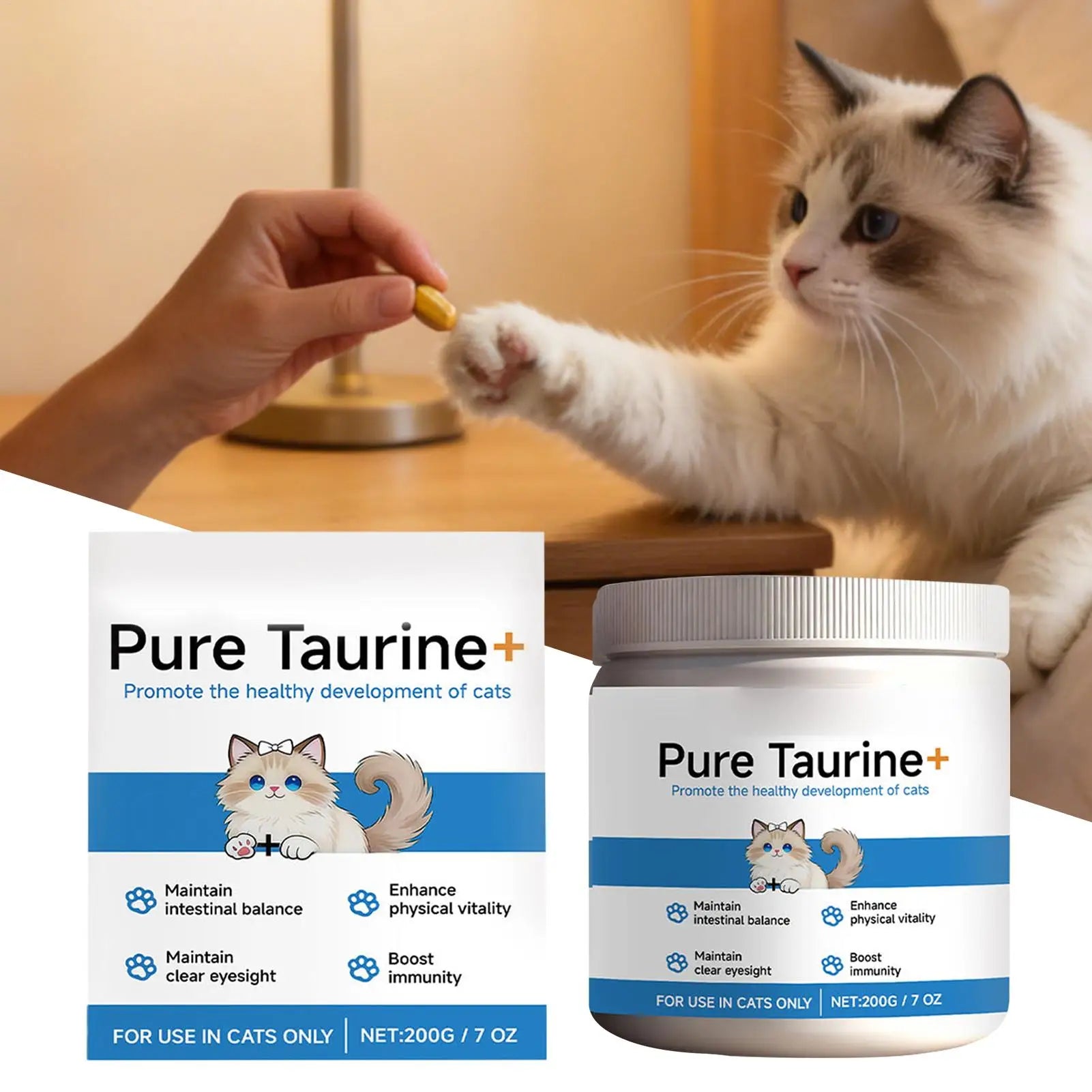 White taurine supplement tub and pouch for cats, promoting eye, immune, and digestive health. 200g net weight.