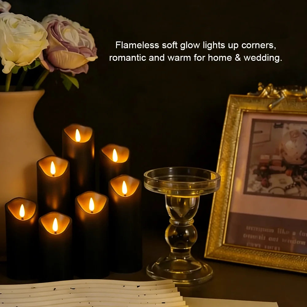 Black cylindrical flameless LED candles with glowing warm yellow flickering flame tips.