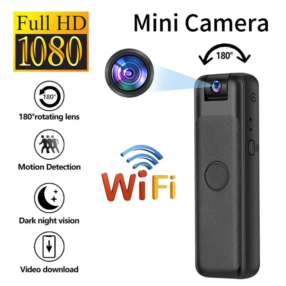 Black plastic mini 1080p camera with a 180-degree rotating lens, motion detection, night vision, and WiFi capability.