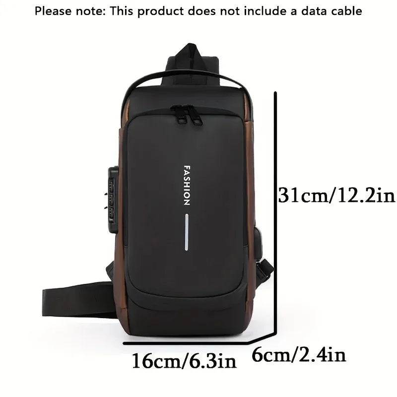 Black and brown waterproof men's sling bag with anti-theft design, USB charging port, and dimensions shown.
