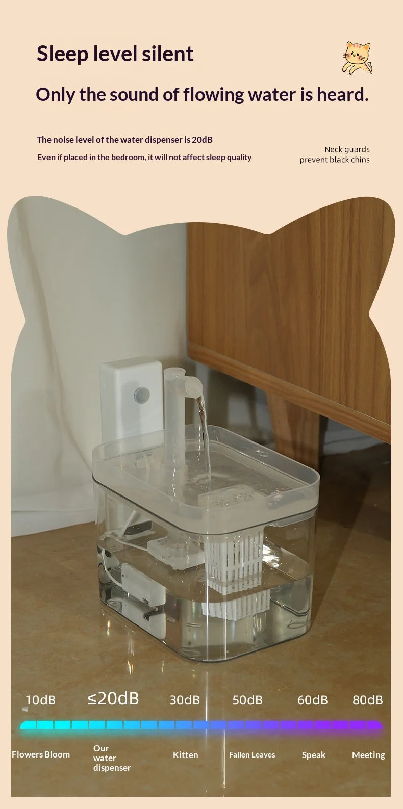 Clear, automatic pet water fountain with a built-in filter, featuring a quiet, transparent design.
