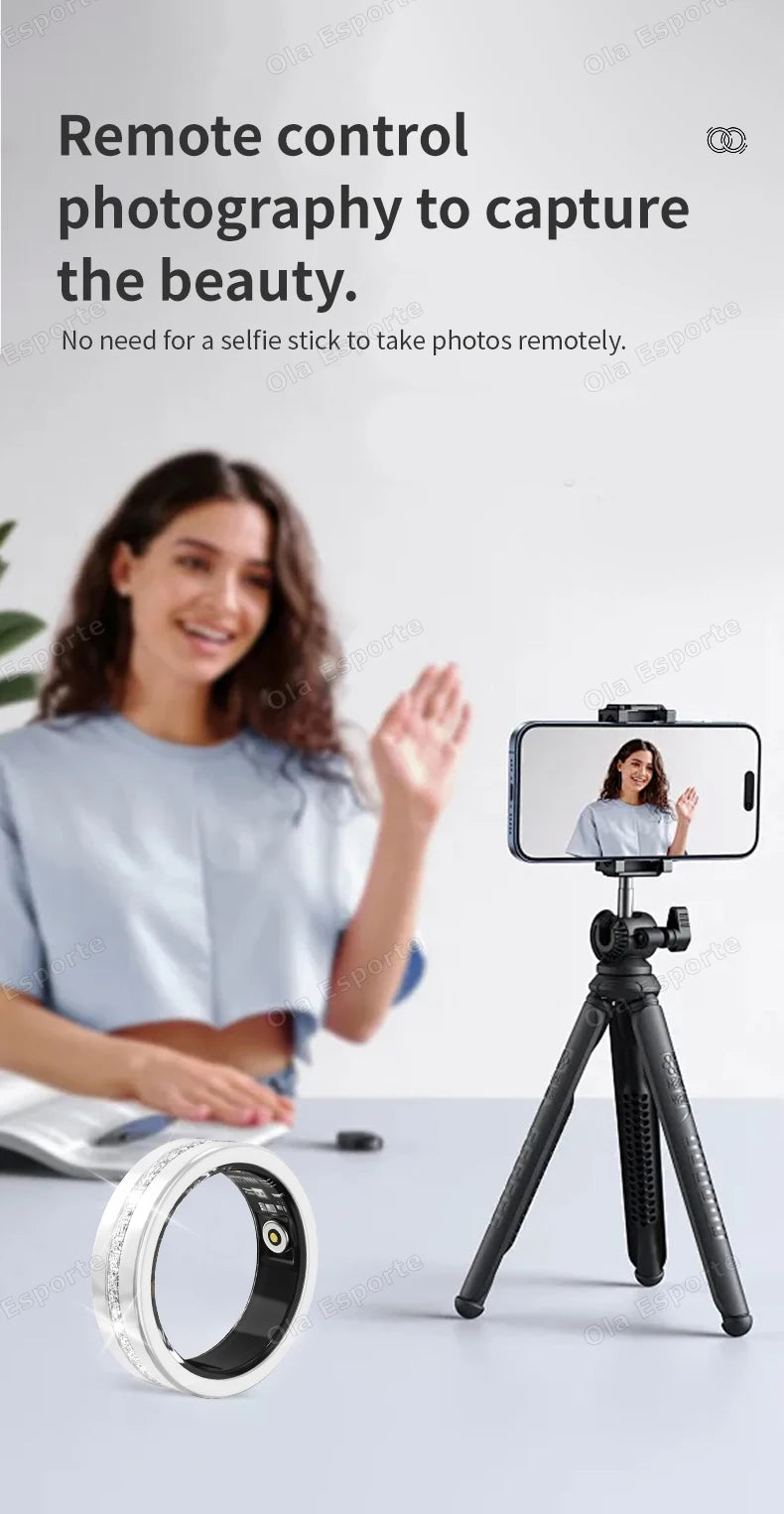Sleek silver smart fitness ring with inner sensor, displayed next to a smartphone tripod for remote photography.