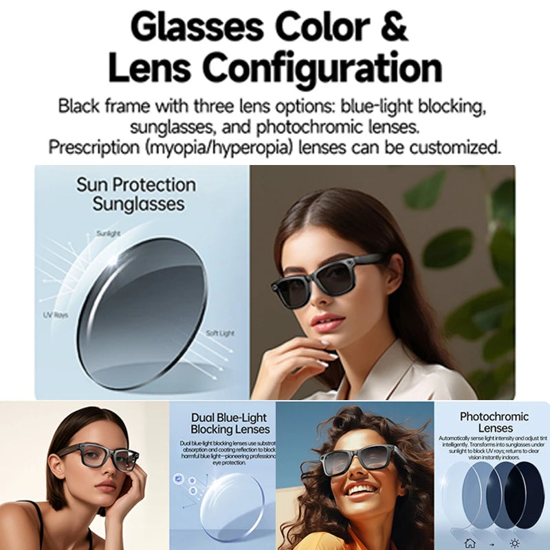 Black smart glasses with three interchangeable lens options: sunglasses, blue-light blocking, and photochromic.