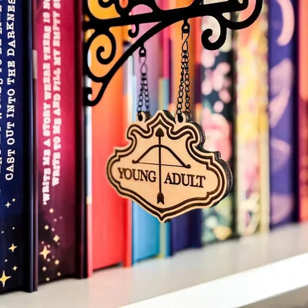 Wooden ‘Young Adult’ hanging sign suspended by chains from a decorative black bracket in front of colourful books.