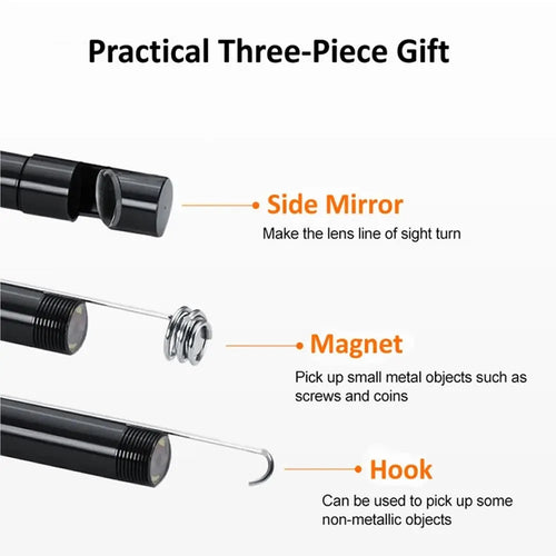 Three-piece accessory set for endoscope camera, featuring a black side mirror, metal magnet, and retrieval hook.