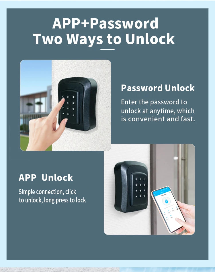 Black plastic digital keypad door lock with app connectivity and numeric buttons, mounted on a wall.