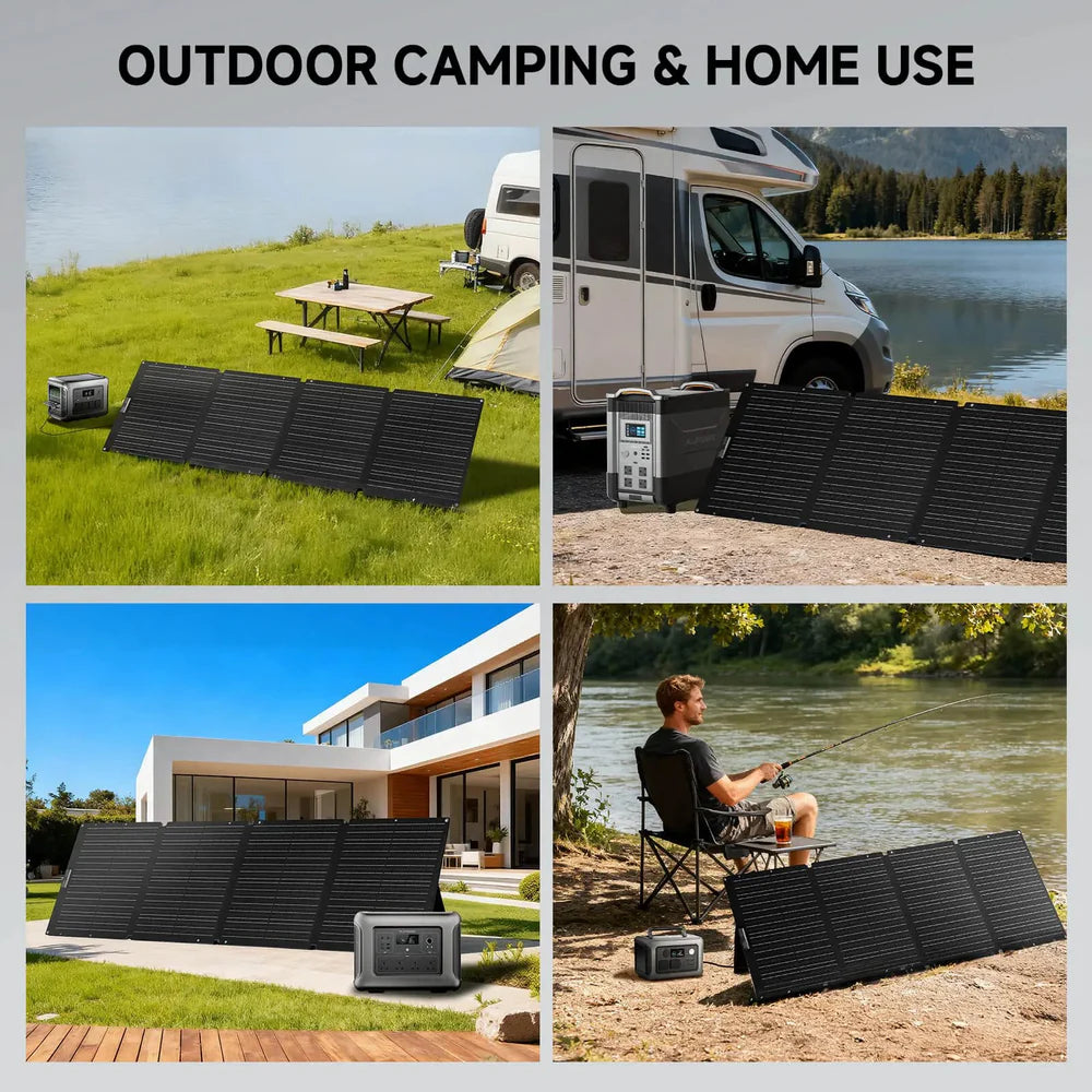 Four images of foldable solar panels and power stations in outdoor and home settings.