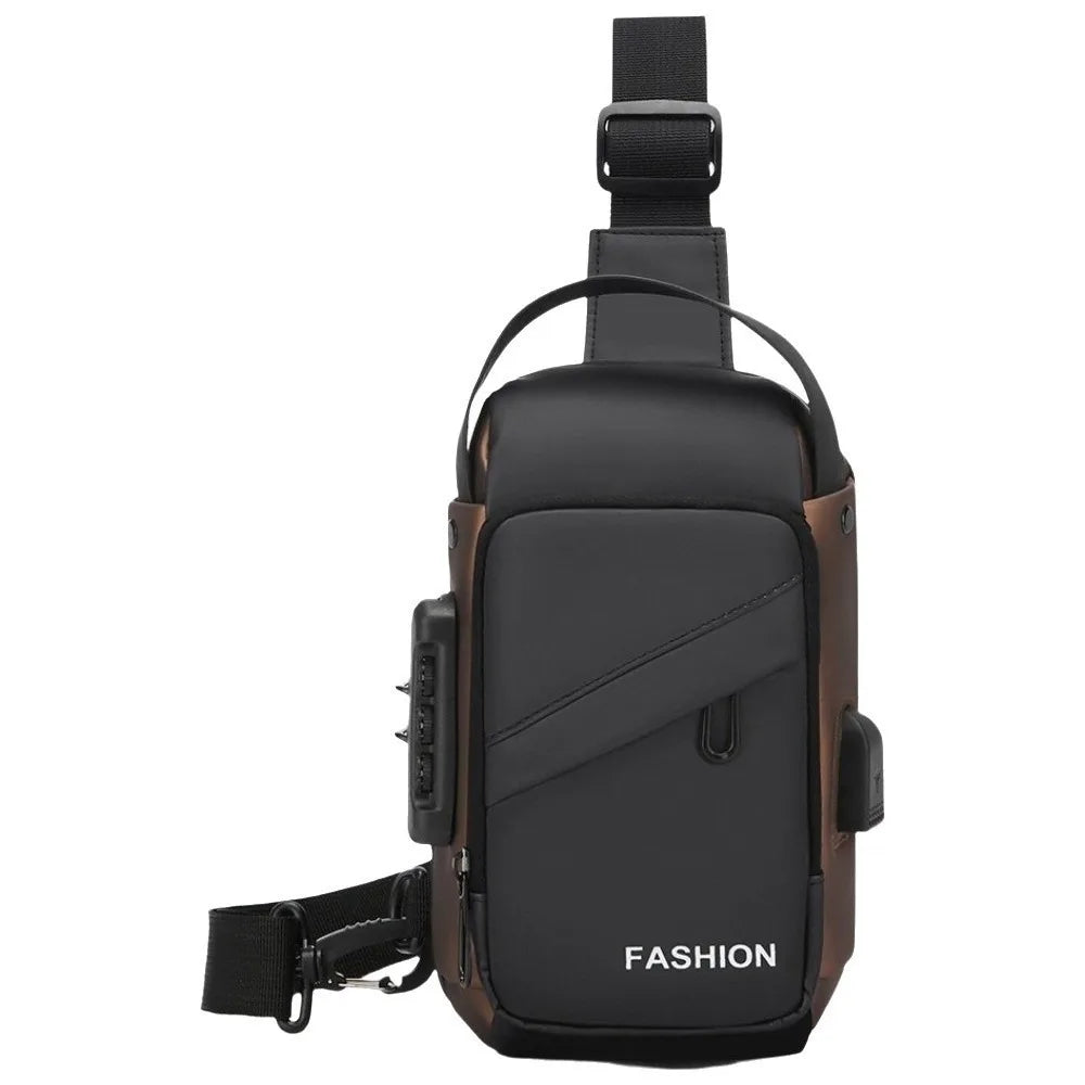 Black and brown anti-theft crossbody chest bag with adjustable strap, integrated combination lock and USB charging port.