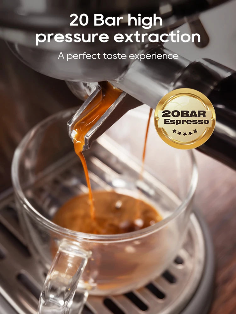 Espresso streams from an espresso machine portafilter into a clear glass cup.