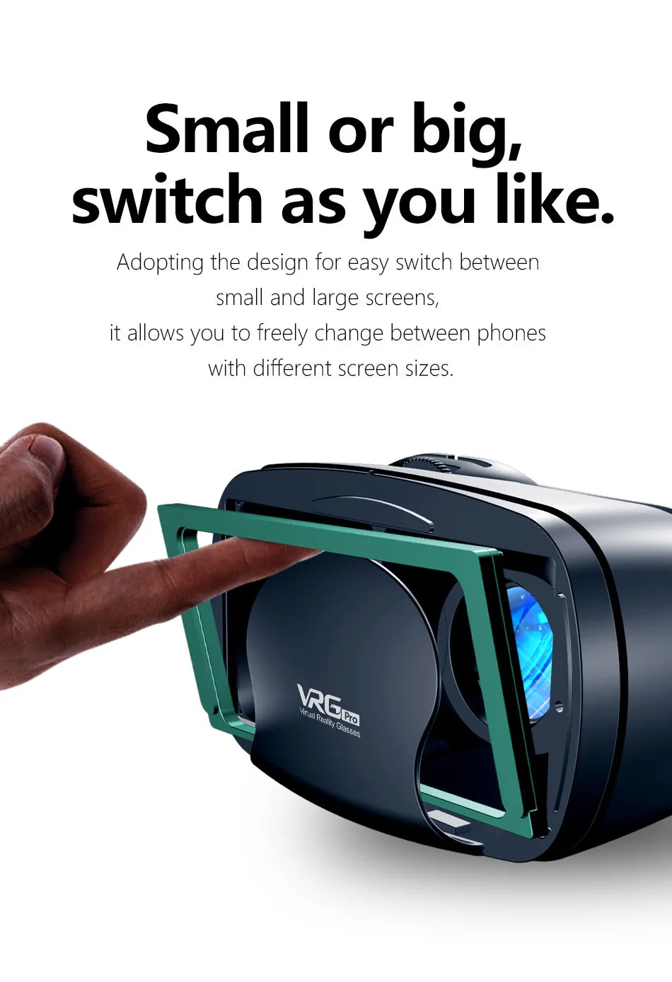 Black VR headset with an adjustable green frame to accommodate different phone sizes, held by a hand.