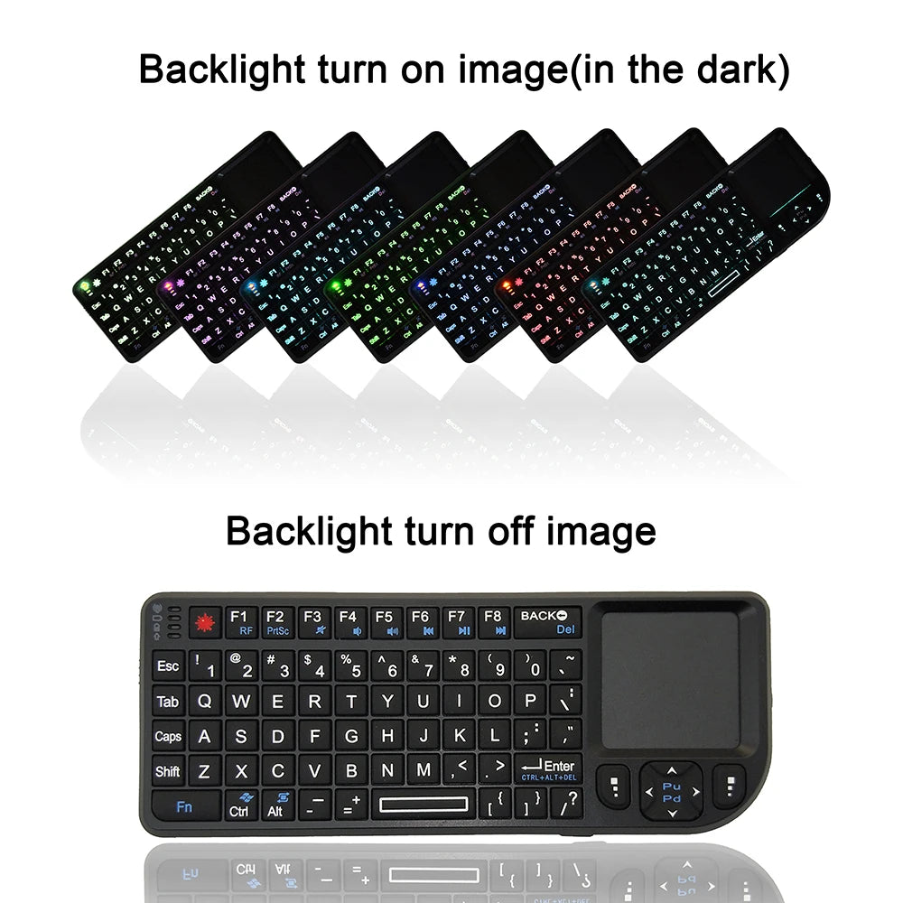 Black plastic mini wireless keyboard with a trackpad, showing multiple backlight color options and one turned off.