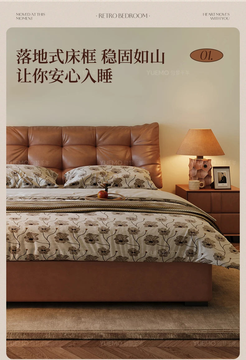 Modern Nordic double bed with a tan, button-tufted leather headboard and a low-profile frame in a warm, retro bedroom.