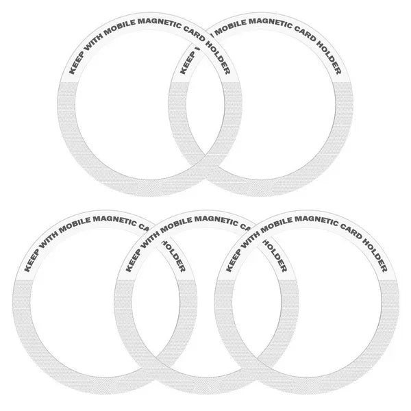 Five white circular adhesive rings for mobile magnetic card holders, featuring small text printed along the top edge.