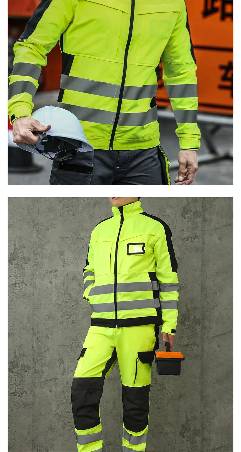 Neon yellow and black high-visibility work jacket and trousers with reflective strips and multiple pockets.