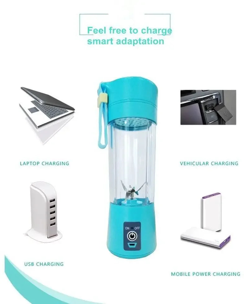 Portable cyan USB-rechargeable blender with a clear cup and power button, shown with various charging options.