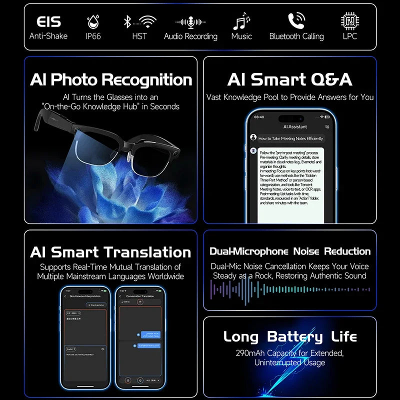 Sleek black AI smart glasses with HD camera, featuring real-time translation, photo recognition, and long battery life.