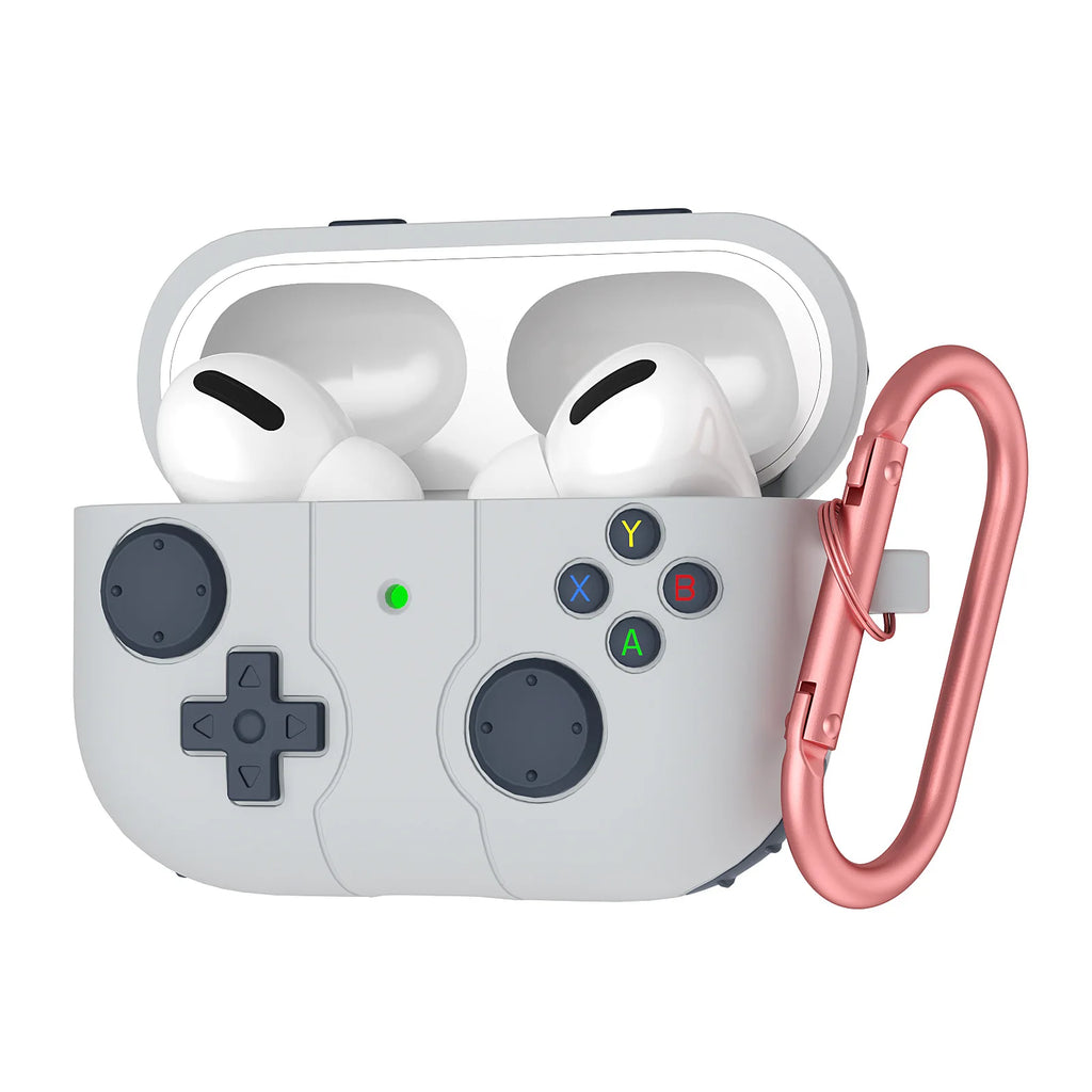 White silicone gaming controller case for AirPods Pro with a rose gold carabiner.