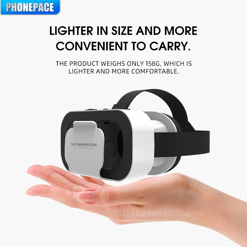 Lightweight white and black VR headset for smartphones, held in an open hand to demonstrate its compact, portable size.
