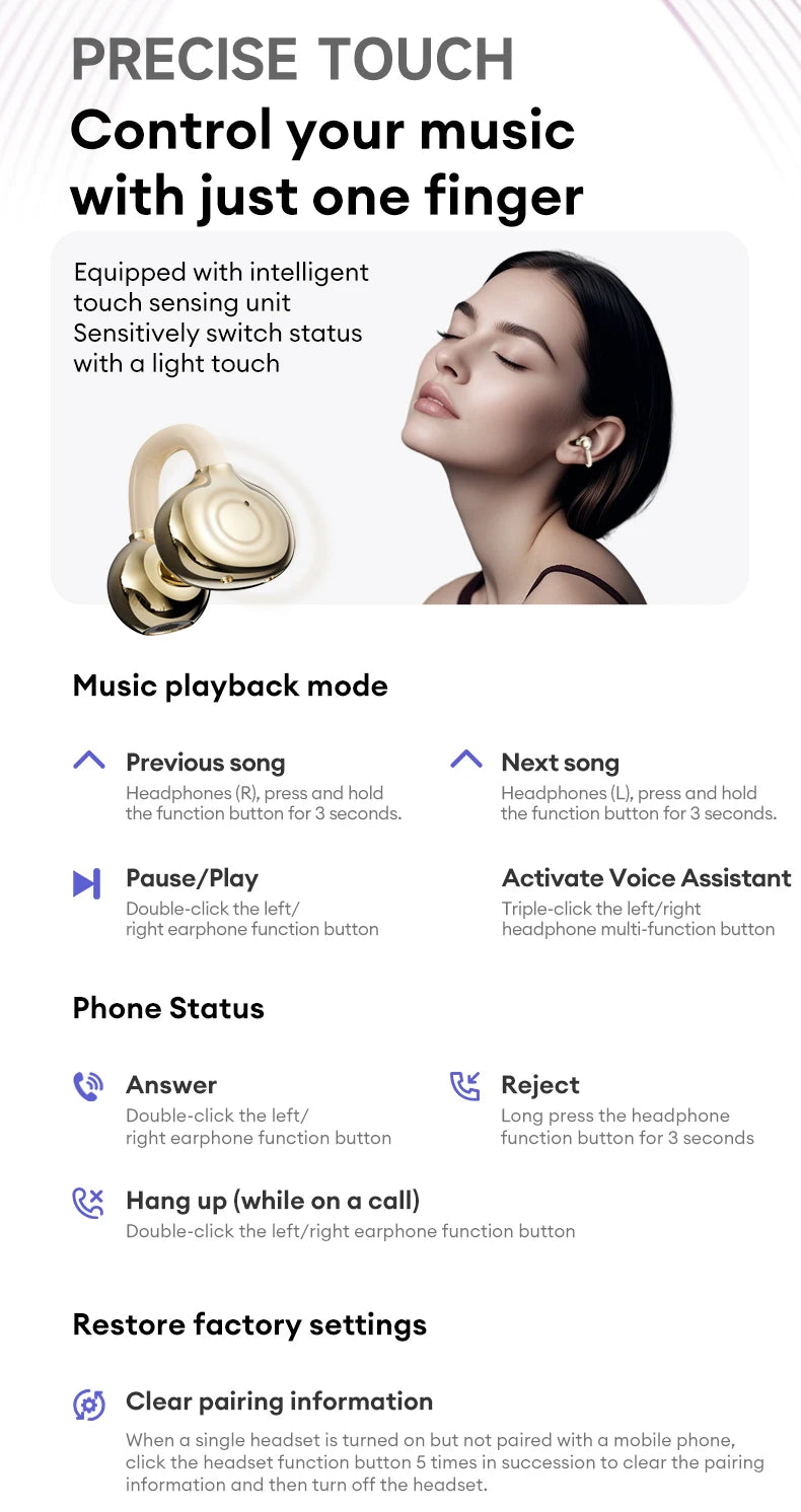 Gold-toned wireless ear-clip headphones with touch-sensing controls, shown being worn by a woman.