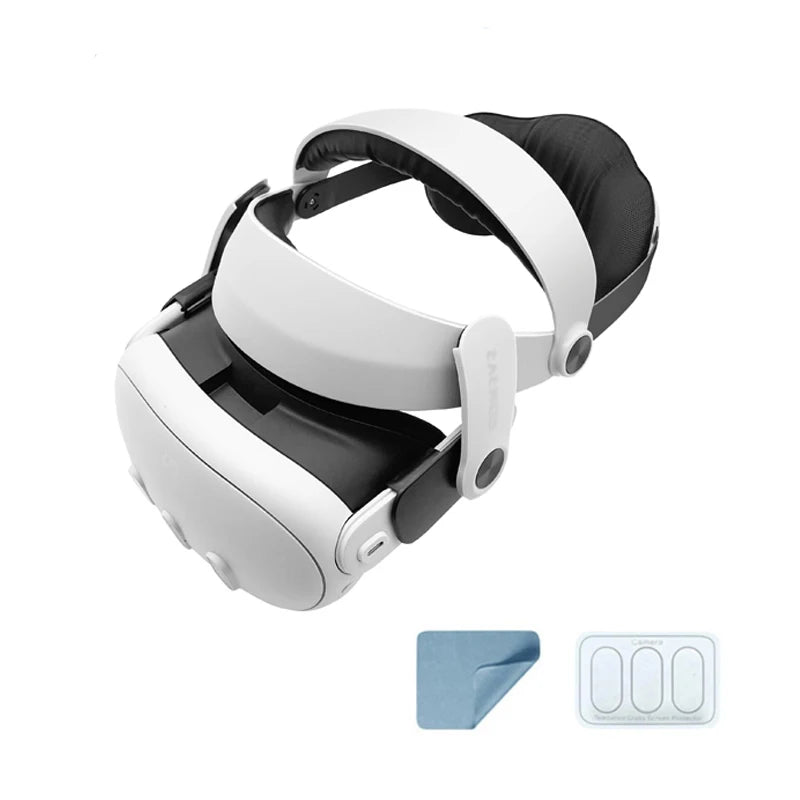 White and black adjustable halo head strap for Meta Quest VR headset, includes a cleaning cloth and lens protector.