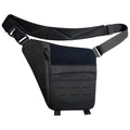 Black tactical crossbody sling bag with adjustable strap, zip pocket, and modular webbing panel.