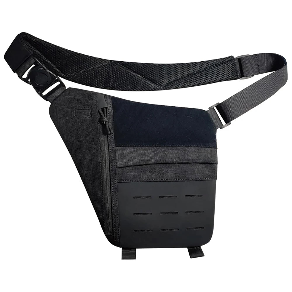 Black tactical crossbody sling bag with adjustable strap, zip pocket, and modular webbing panel.