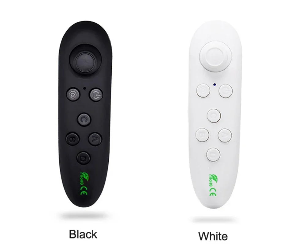 Two oval-shaped wireless remote controllers in black and white, featuring a joystick and labeled A-D navigation buttons.
