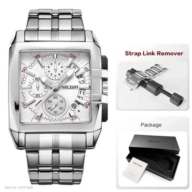 Men’s silver-tone stainless steel chronograph watch with a square white dial, sub-dials, and a strap link remover tool.