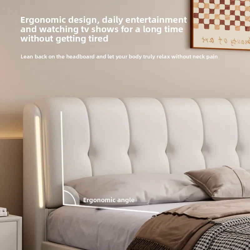 Modern minimalist cream-white storage bed with an ergonomic, cushioned vertical-panel headboard and integrated side light.