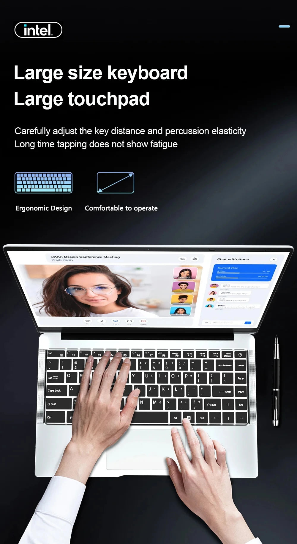 Slim silver 14.1-inch laptop with a large keyboard and spacious trackpad, showing a video call on the display.