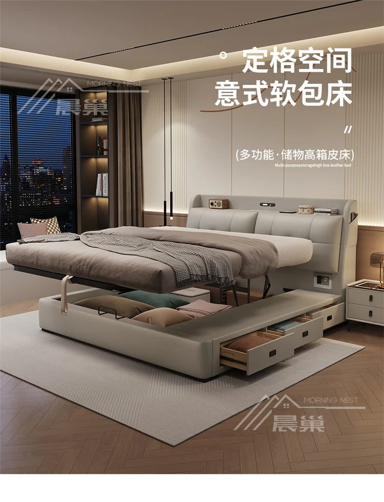 Modern cream upholstered storage bed with lift-up base, built-in shelving, side drawers, and integrated power sockets.