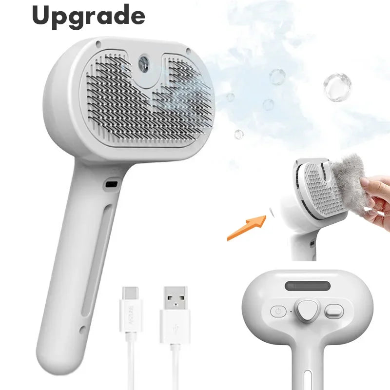 White steam pet grooming brush with stainless steel bristles, USB charging cable, and a one-click hair release button.