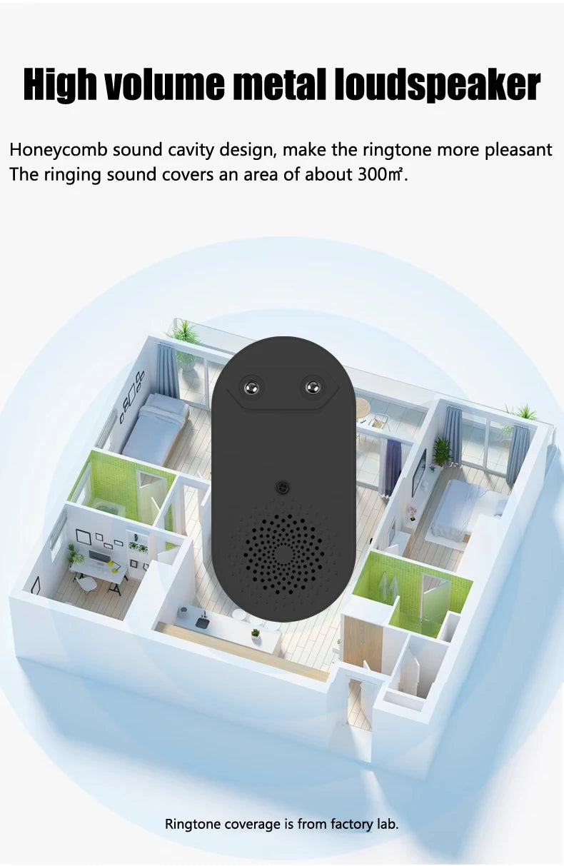 Black wireless doorbell chime with a modern oval design, shown over a house floor plan to highlight sound coverage.