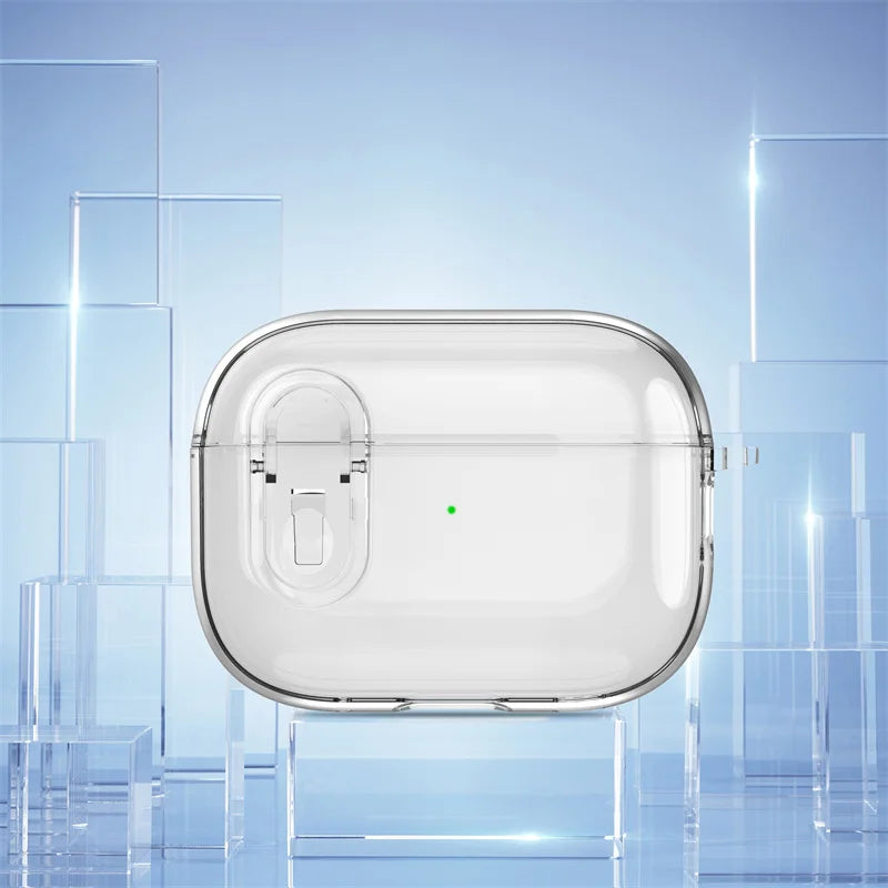 Clear plastic locking case for AirPods Pro on a blue geometric background.