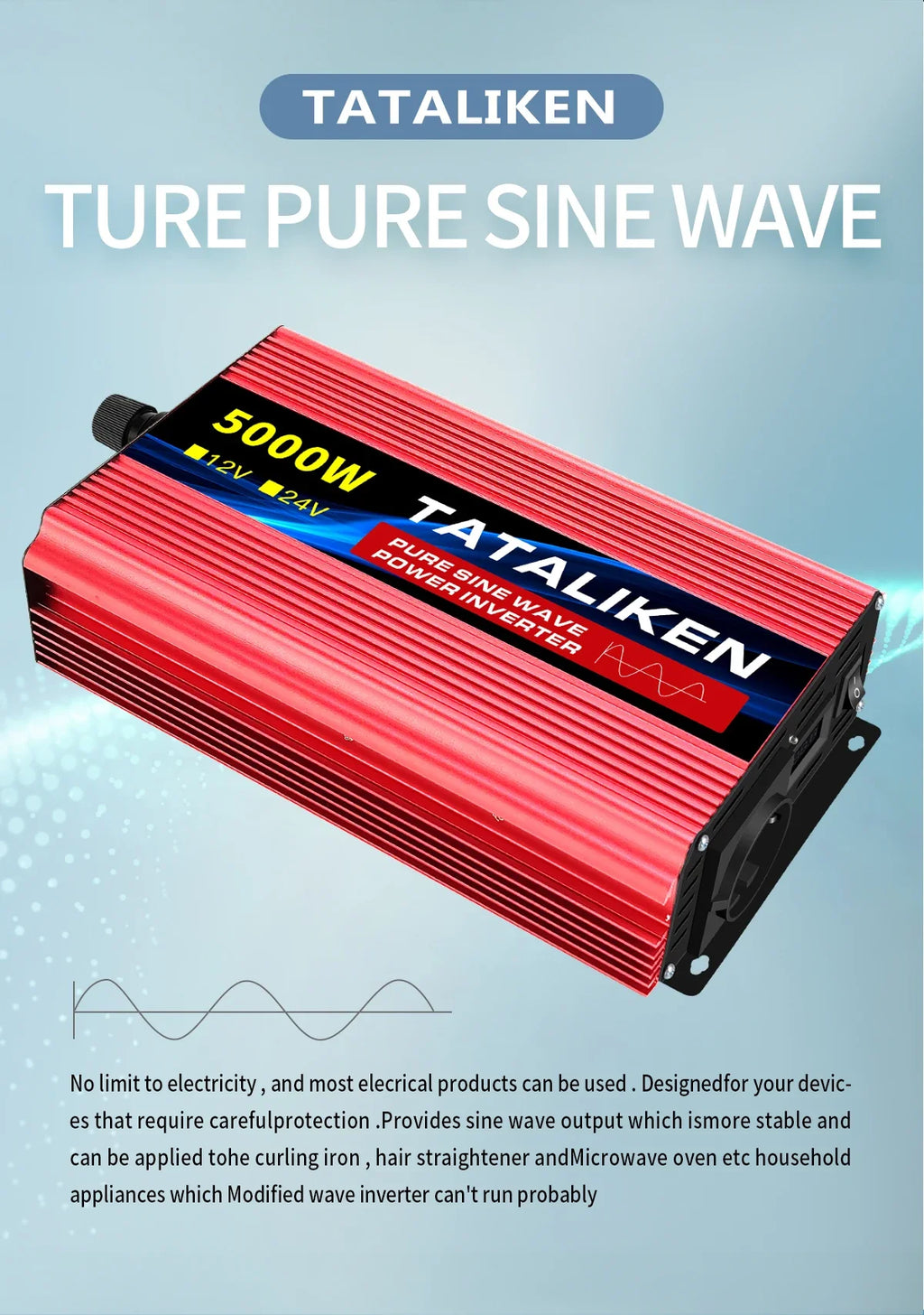 Red, ribbed-metal pure sine wave power inverter with 5000W capacity and 12V/24V compatibility.