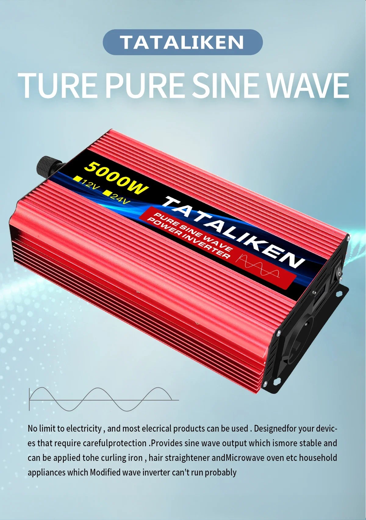 Red, ribbed-metal pure sine wave power inverter with 5000W capacity and 12V/24V compatibility.