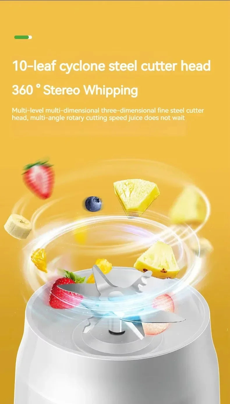 A 10-leaf steel blender blade surrounded by swirling pieces of fresh fruit on a yellow background.