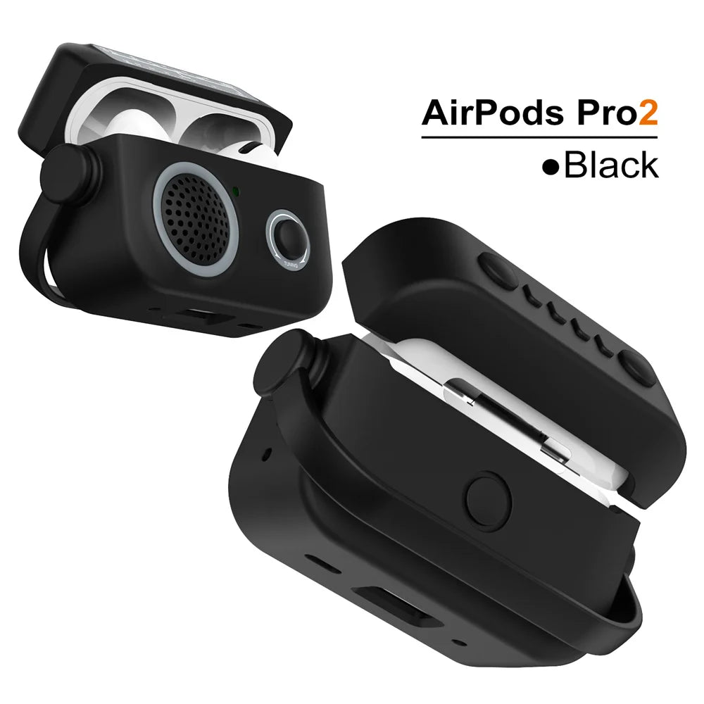 Black retro radio-style silicone case for Apple AirPods Pro 2. Features side handle and durable matte finish.