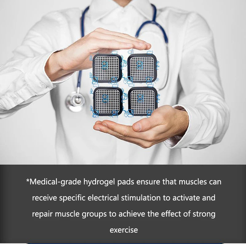 A doctor holds four black, square muscle-stimulating gel pads, demonstrating their medical-grade design for fitness.
