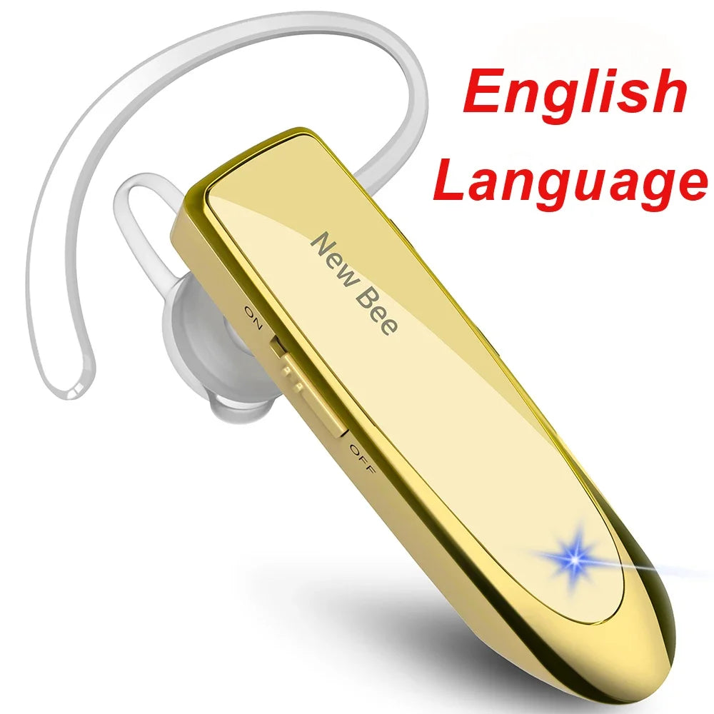Gold wireless Bluetooth headset with a clear ear hook, side power switch, and a glowing blue indicator light.