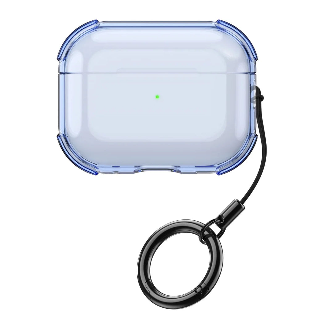 Clear blue protective case for AirPods Pro with a black keyring attachment.