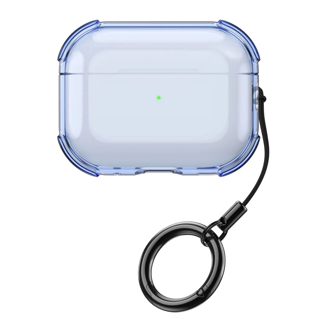 Clear blue protective case for AirPods Pro with a black keyring attachment.