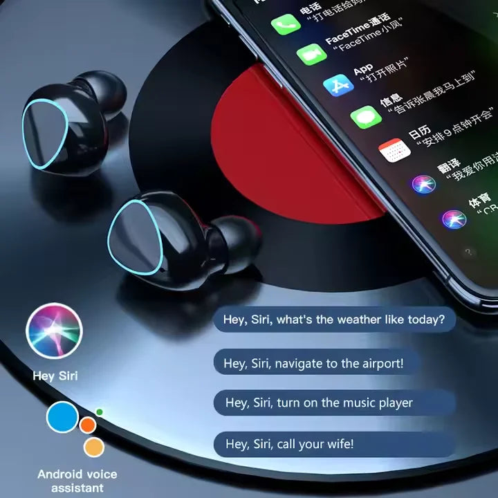 Black wireless earbuds with glowing blue triangular edges shown next to a smartphone displaying voice command prompts.