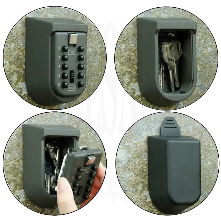 Dark gray wall-mounted key lock box with a push-button combination keypad and protective cover.
