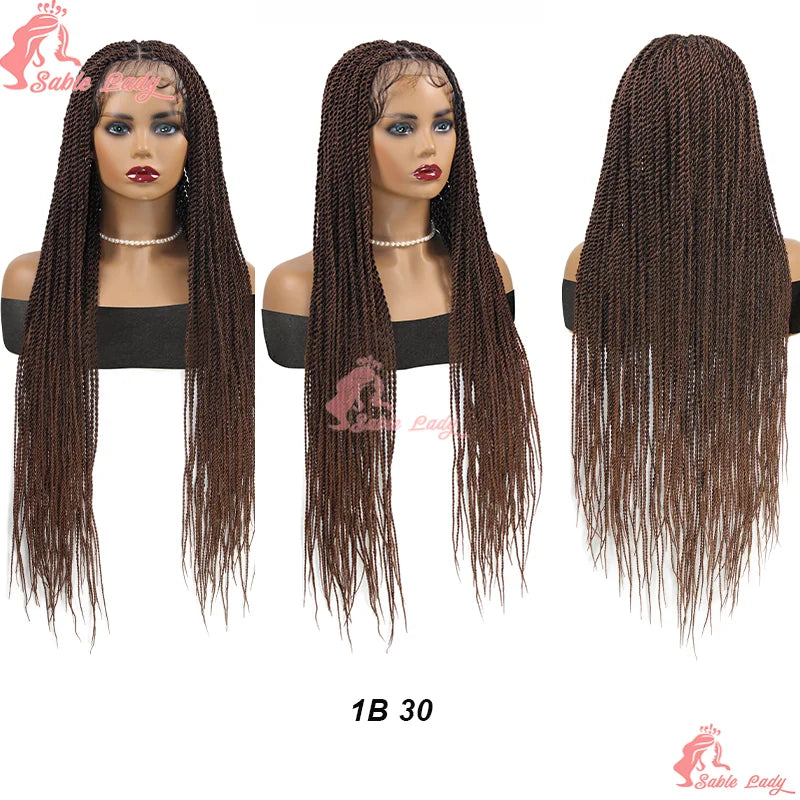 Long brown Senegalese twist braids lace front wig on mannequin, shown from front, side, and back views.