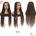 Long brown Senegalese twist braids lace front wig on mannequin, shown from front, side, and back views.