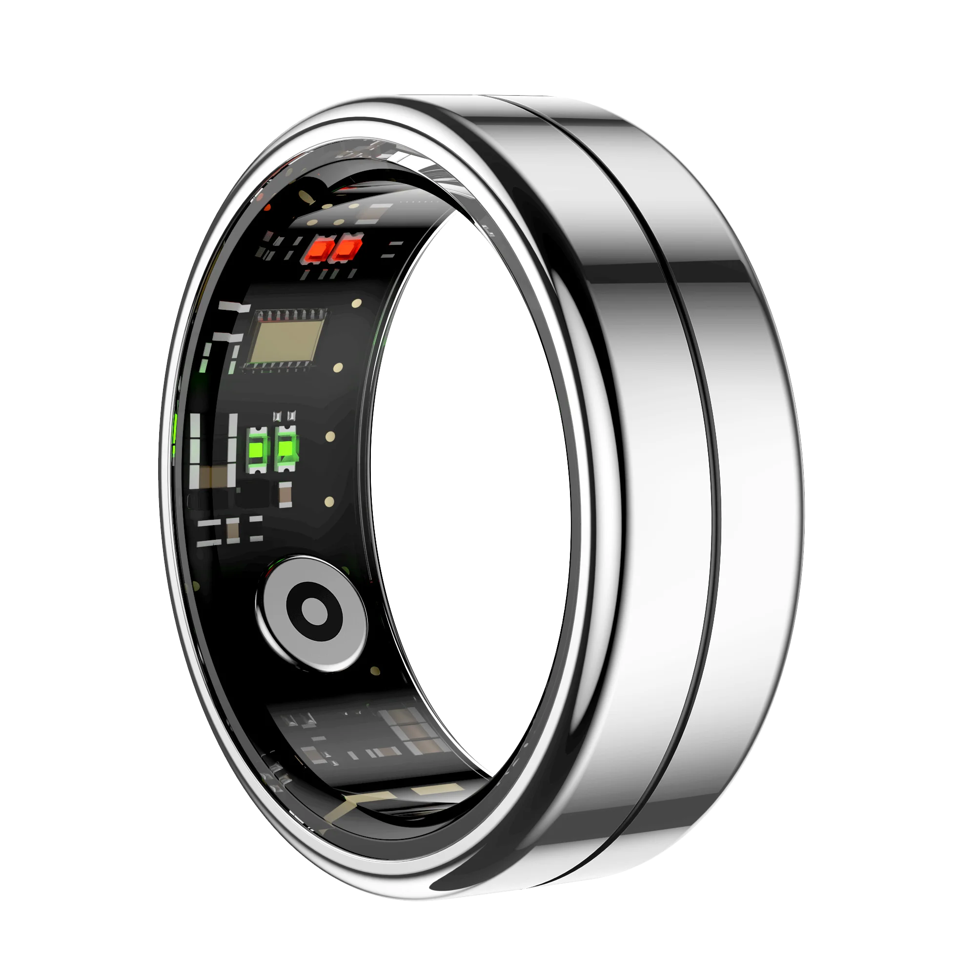 Sleek, silver smart fitness ring showing interior health sensors and electronic circuitry on a black background.