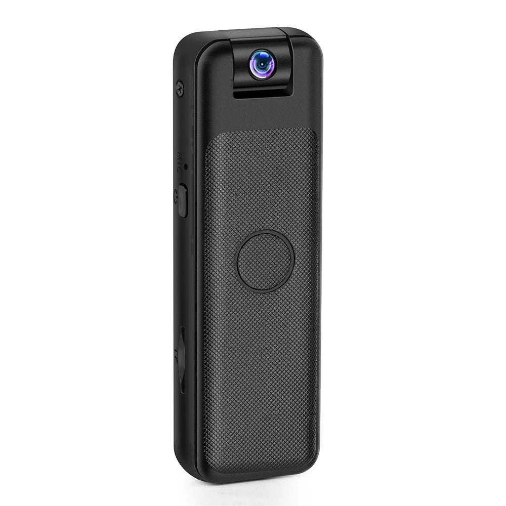 Small, black, rectangular plastic wearable body camera with a textured grip and top-mounted camera lens.
